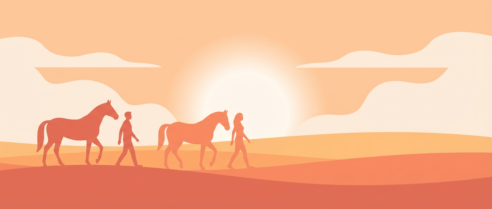 silhouettes of people and horses walking across a sunset landscape for horse therapy trust.