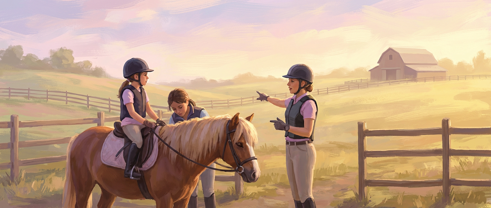 three people with a horse discussing horse safety questions in a sunny field.