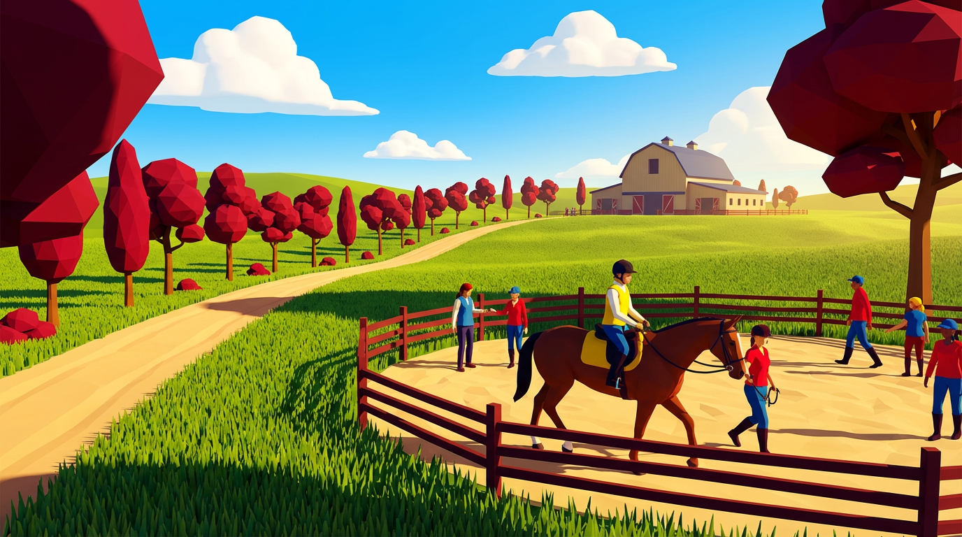 animated scene of a person on a horse in an arena with others present, providing therapeutic riding tips.