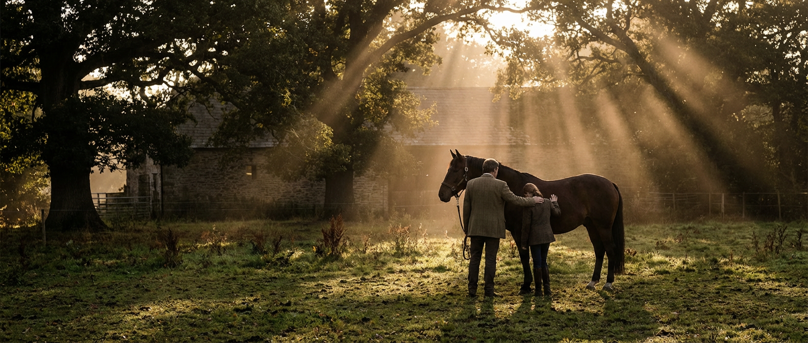 man and child with a horse in a sunny field against a barn, considering horse therapy insurance.