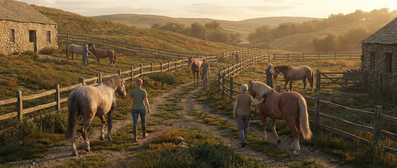 people tending to older horses therapy in a fenced, hilly, rural setting.