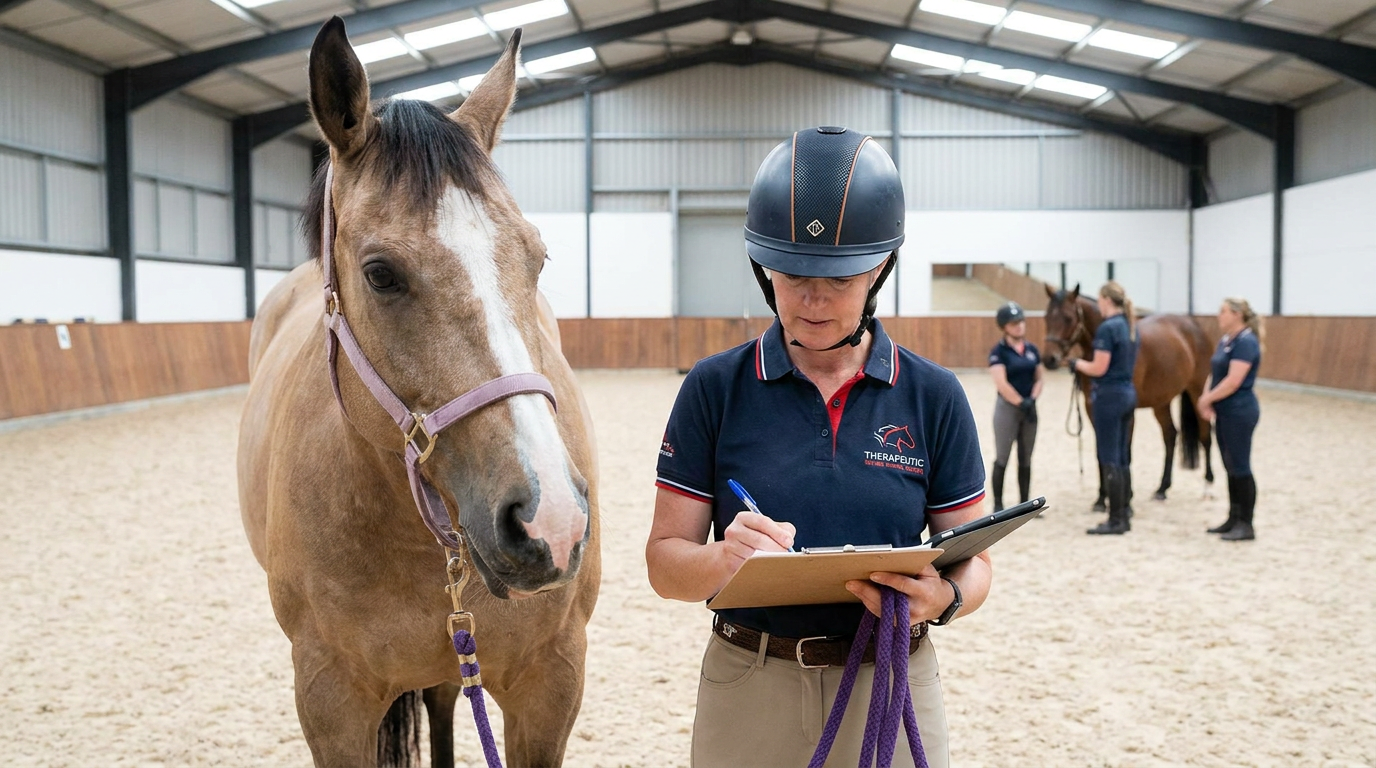 instructor in helmet writing on clipboard for therapeutic riding injury documentation next to a horse.