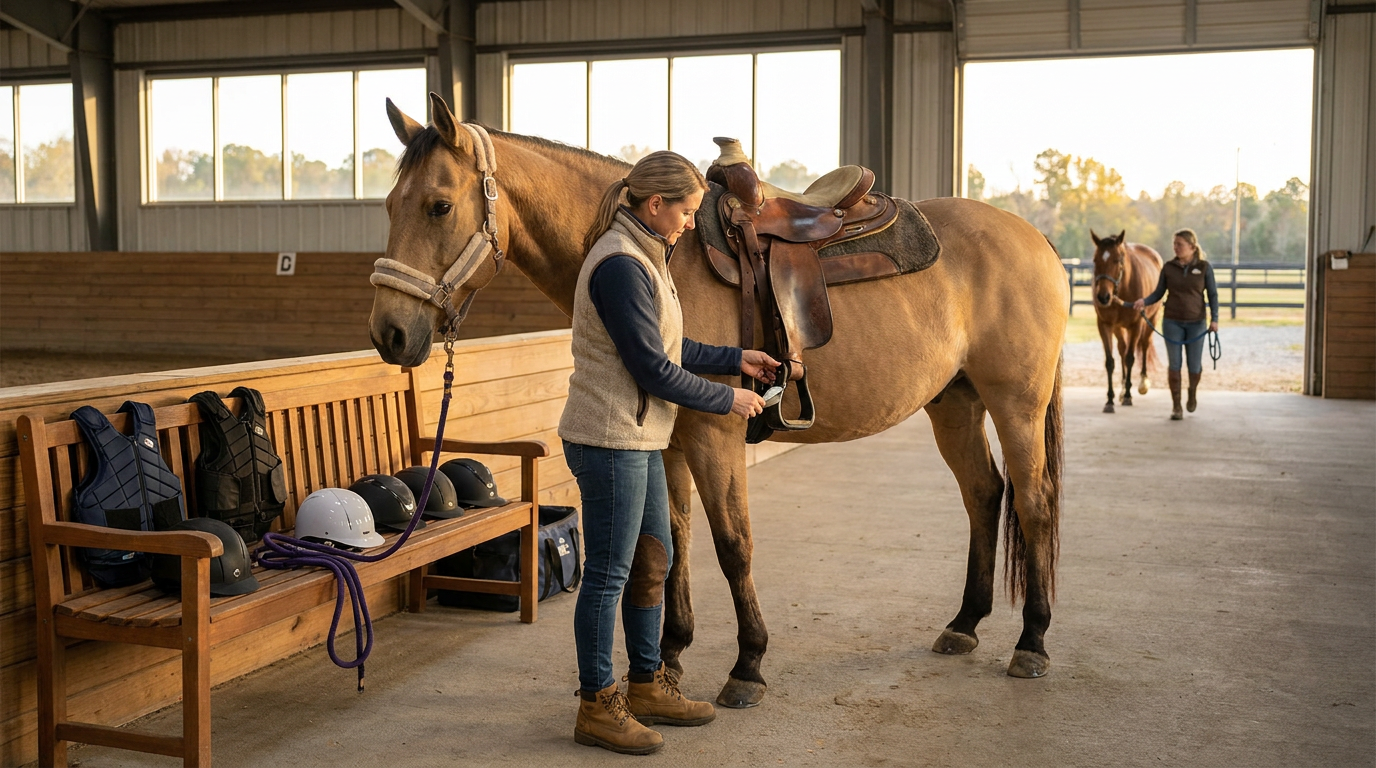 person preparing a horse for equine therapy, with various equine therapy safety equipment helmets and vests on a nearby bench.