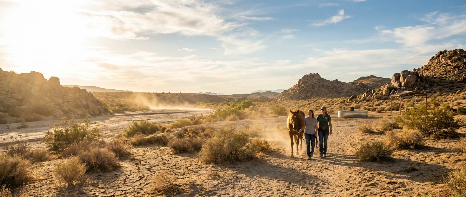 two women walking a horse in a dusty desert landscape, considering equine therapy risk assessment.