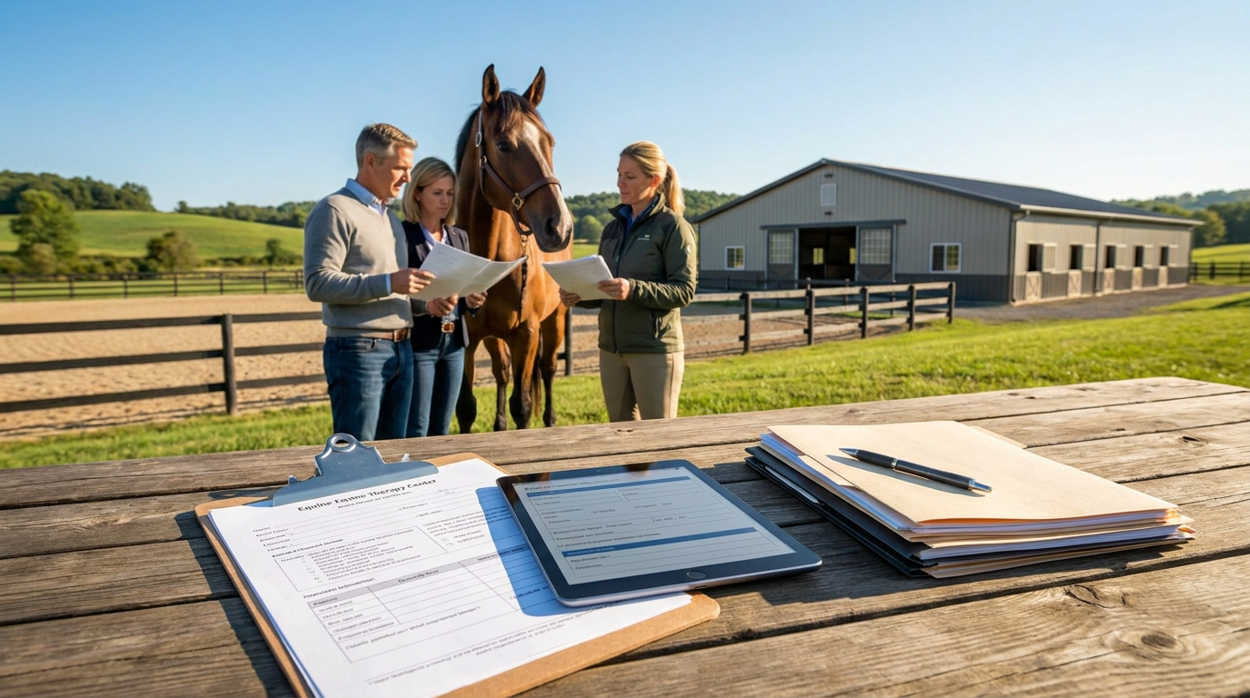 people reviewing horse therapy documentation on paper and a tablet near a horse and barn.