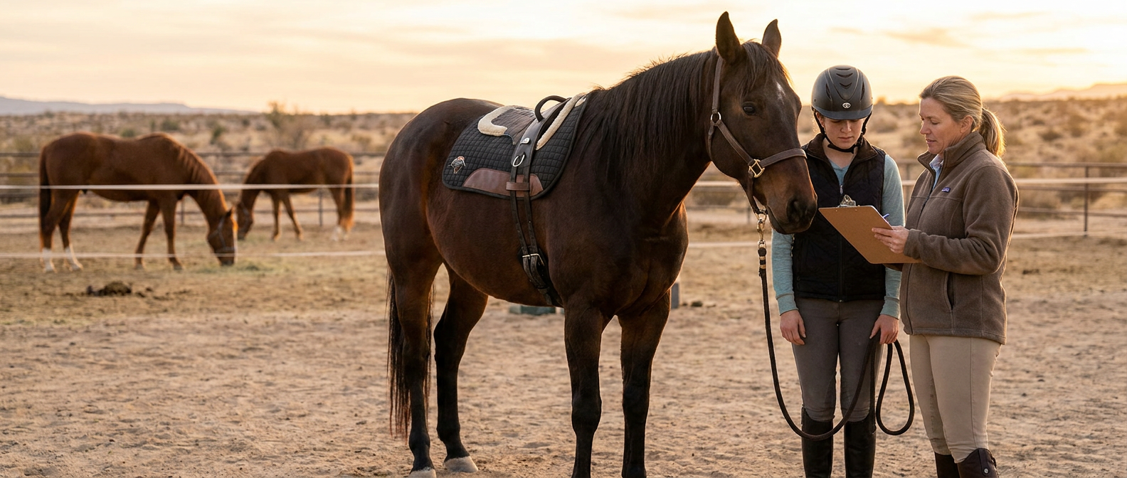 two women and a saddled horse in a desert corral, assessing horse temperament matching.