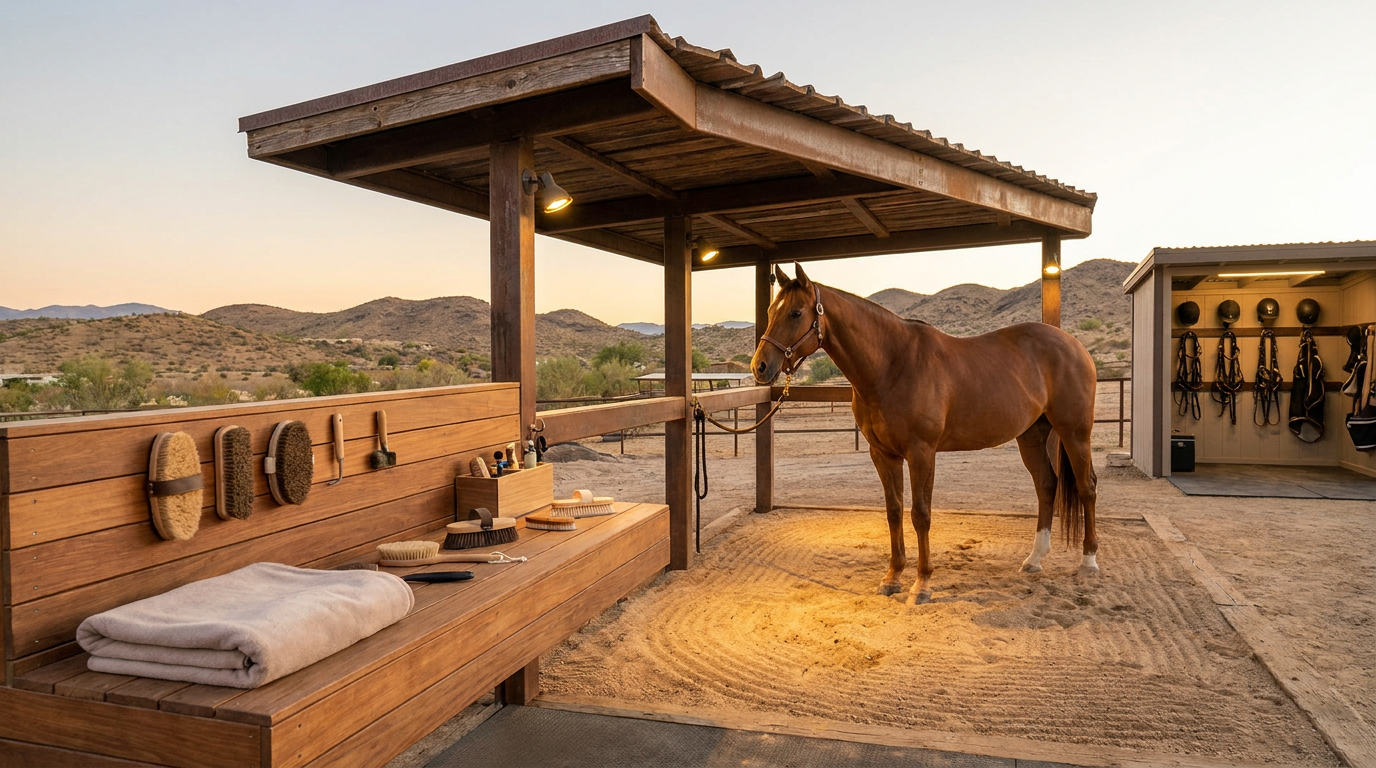 a chestnut horse stands patiently at a beautiful outdoor station, ready for equine therapy grooming.