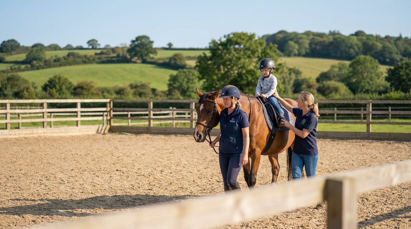 child on horse with two instructors in an arena, considering therapeutic riding liability 2026