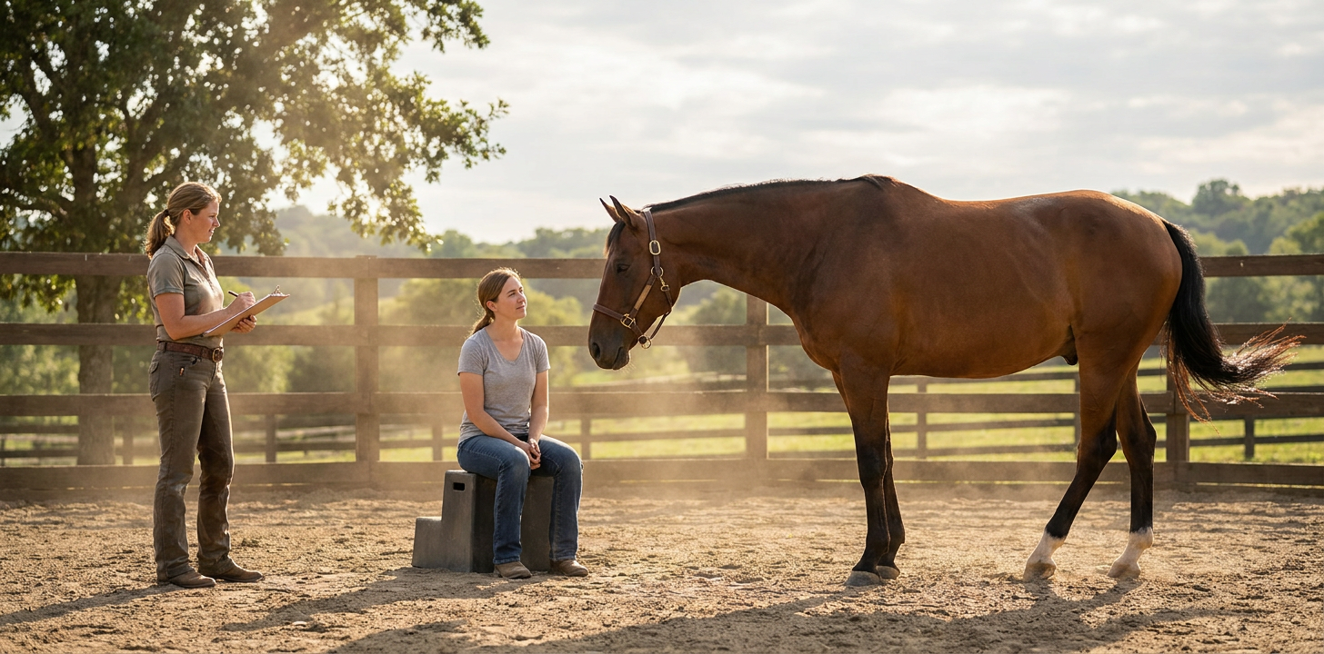 outdoor shot of a woman taking notes while another sits facing a horse, for horse body language therapy.