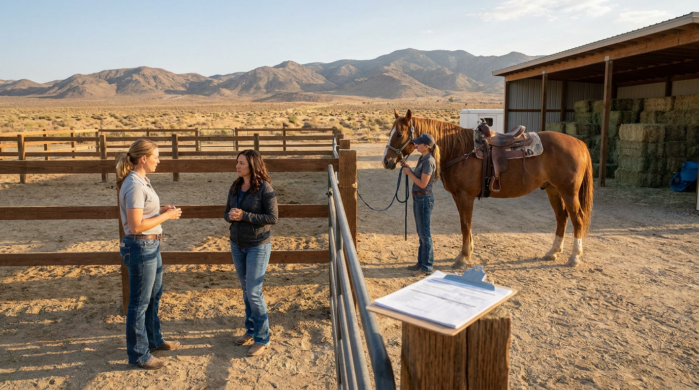 three women and a horse in a rural setting, discussing equine therapy insurance coverage.