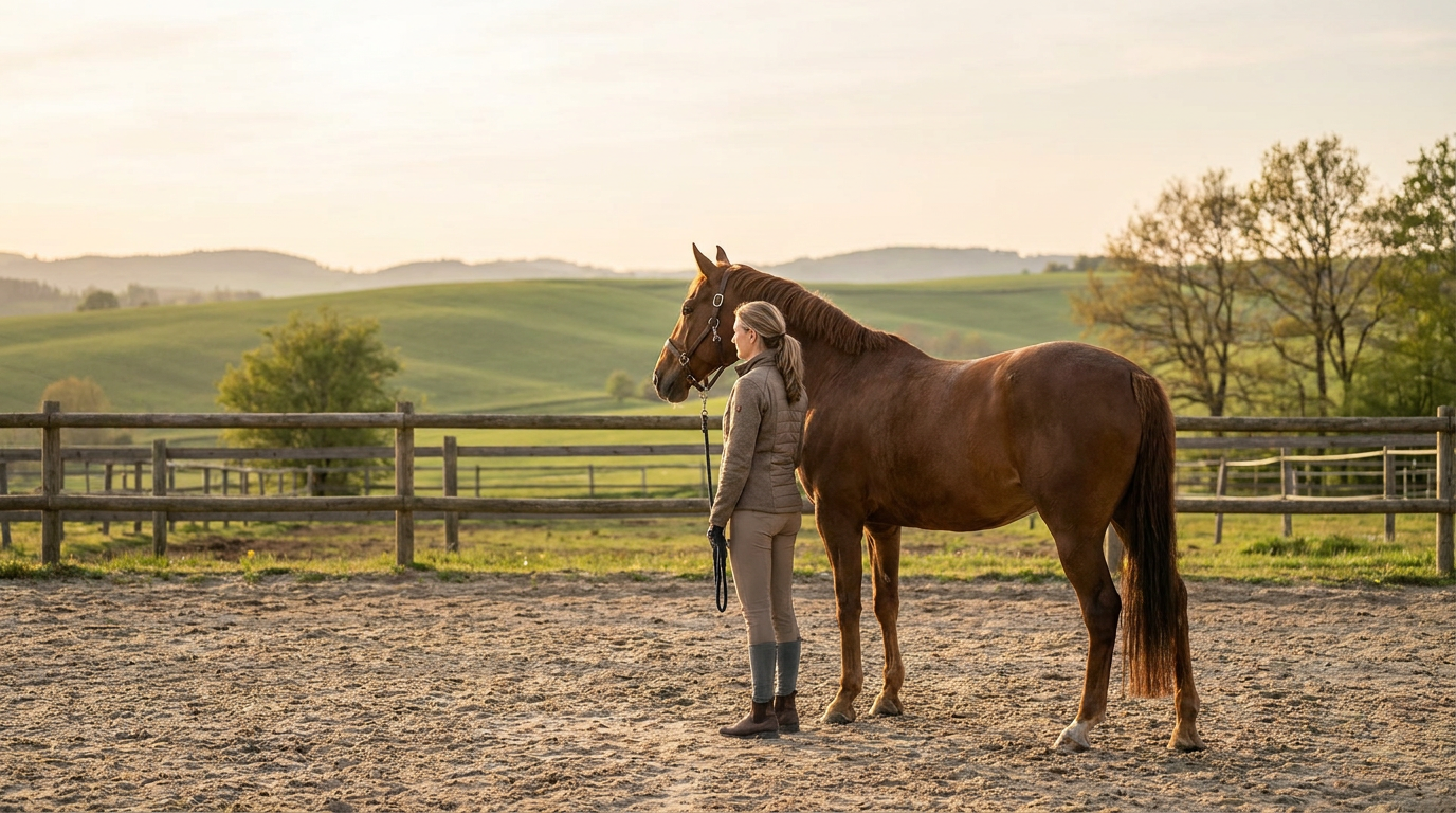 woman and a brown horse standing in an arena, embodying therapeutic silence techniques amidst rolling hills.