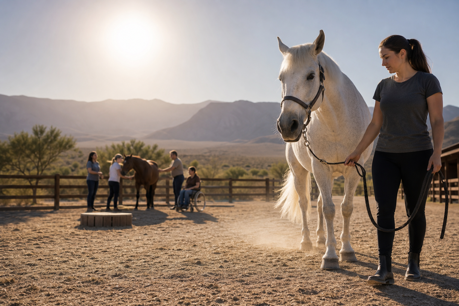 woman leading a white horse during summer equine therapy, with other participants in the background.