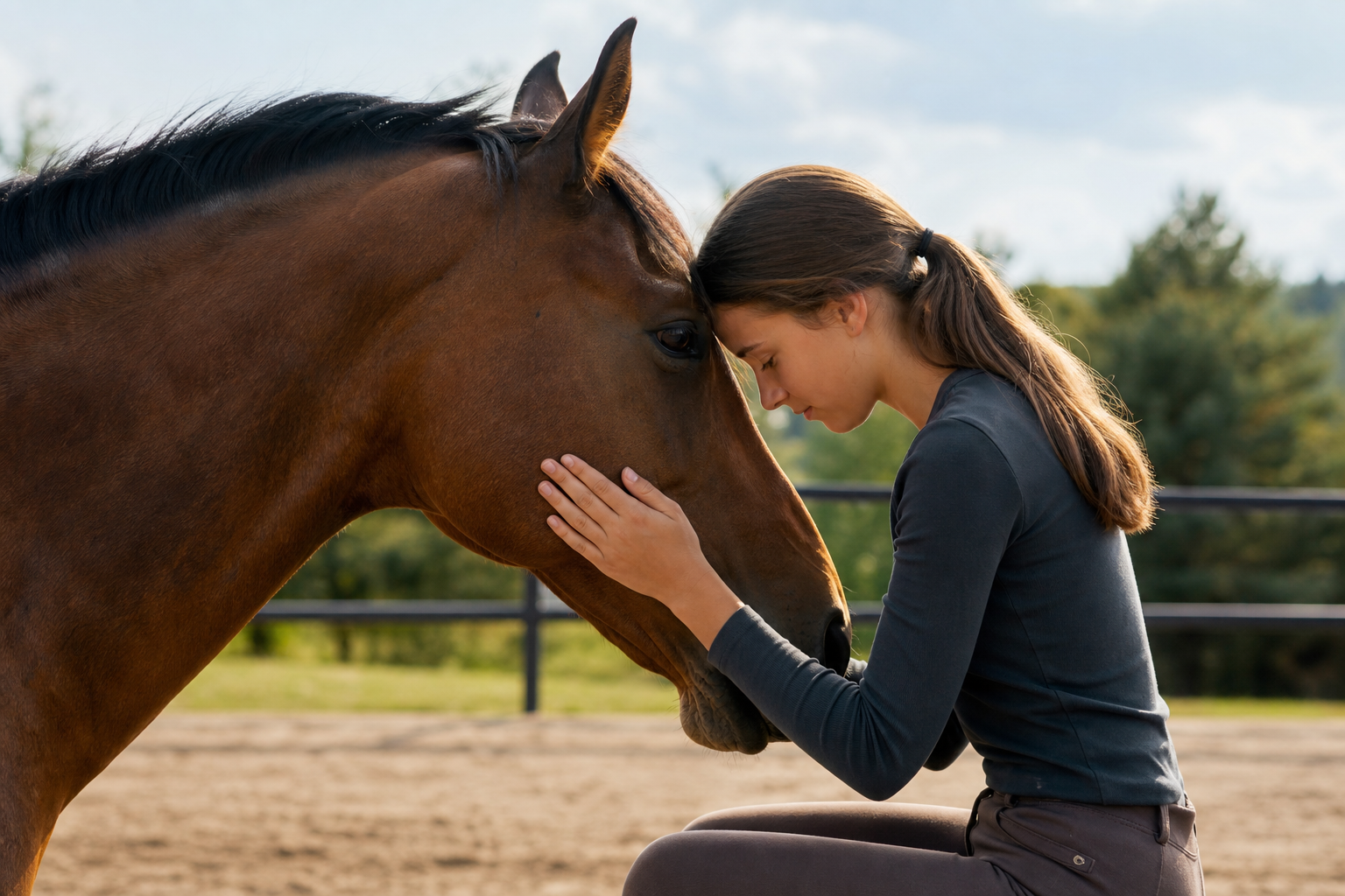 young woman and horse forehead to forehead, demonstrating equine therapy communication.