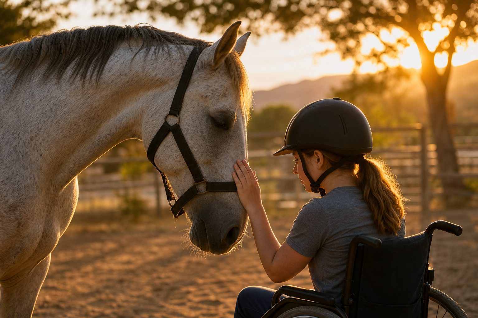 young girl in wheelchair petting a horse, sunlit during equine therapy summer heat.