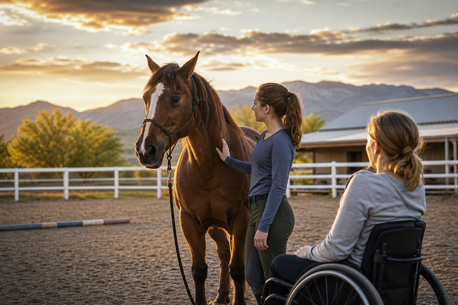 equine therapy ridgecrest with a woman in a wheelchair admiring a horse at sunset.