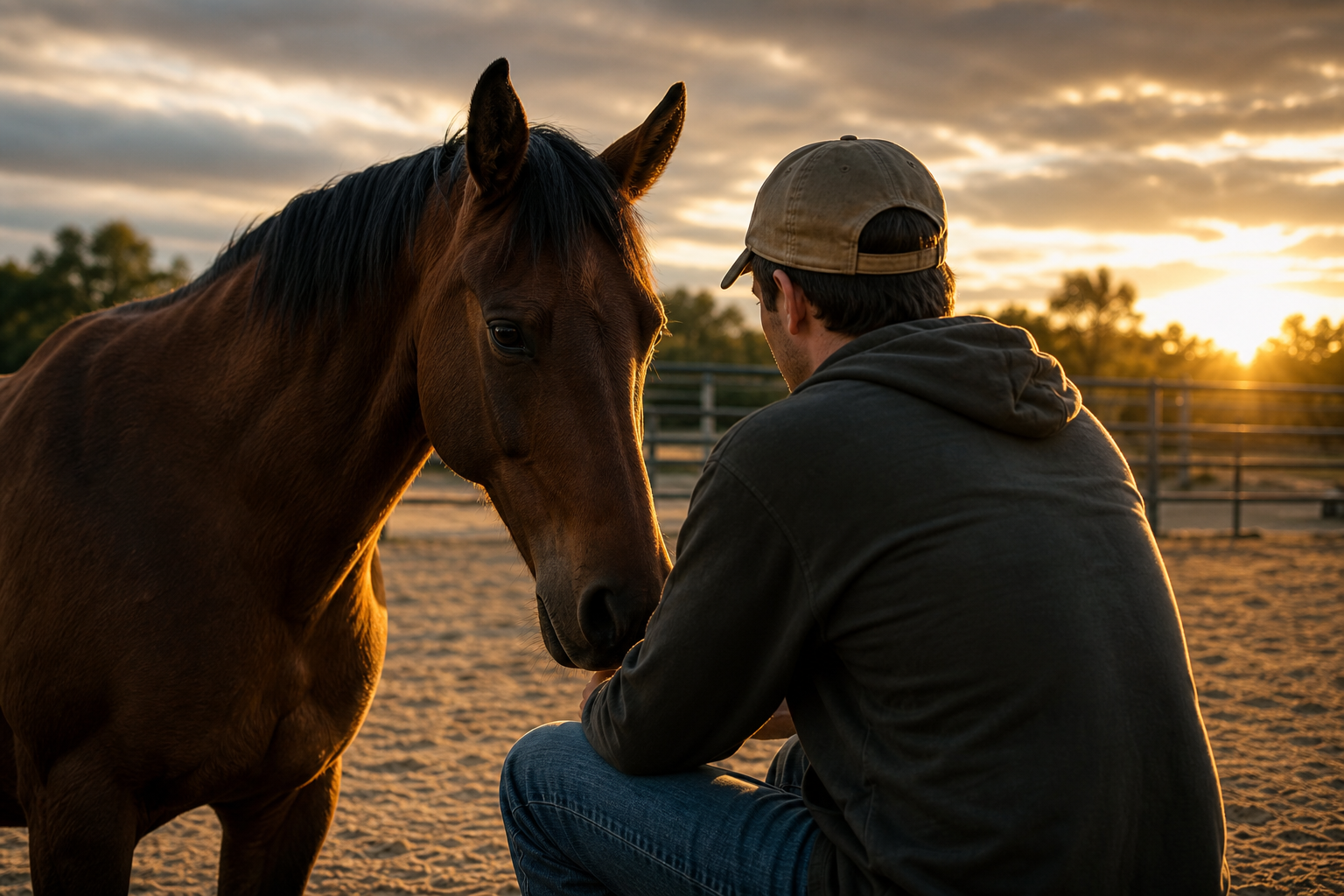 man kneeling before a brown horse at sunset, demonstrating equine therapy for ptsd.